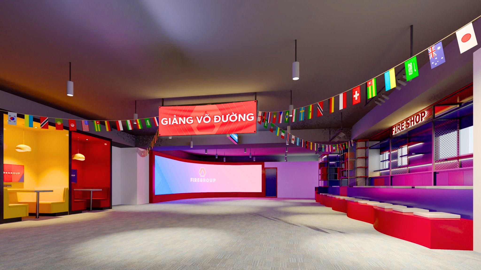 Spacious event hall with red lighting and decorations